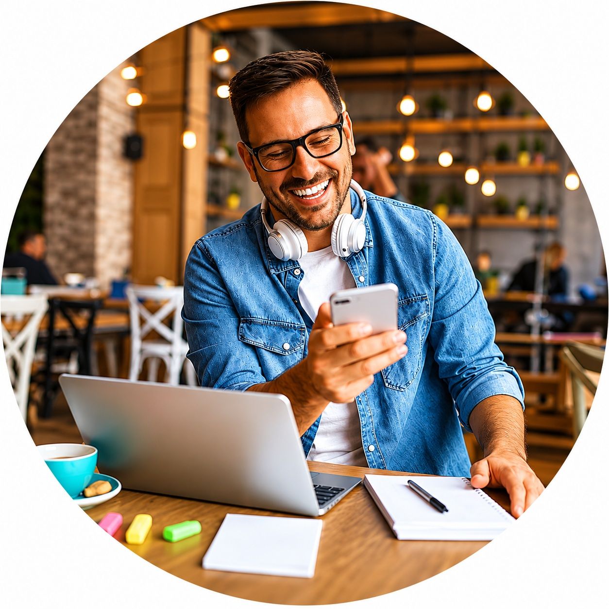 Happy man using phone